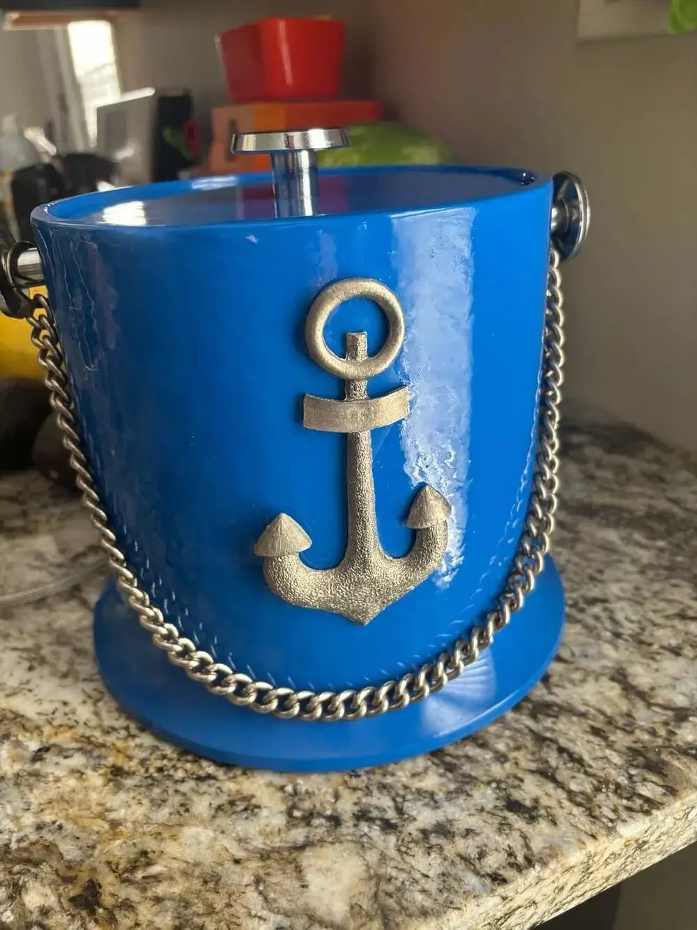 Kraftware Pastimes Royal Blue Ice Bucket with Anchor Motif and Chain 3 Quart
